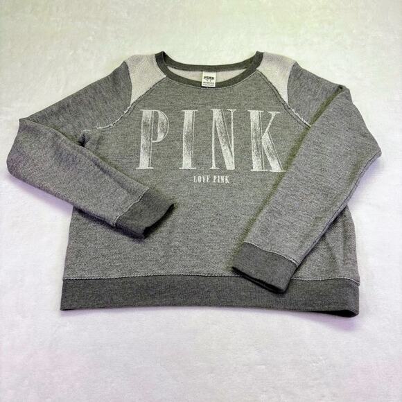 PINK VS Victorias Secret LOVE PINK Raglan Logo Crewneck Sweatshirt Gray Size M - Picture 1 of 8